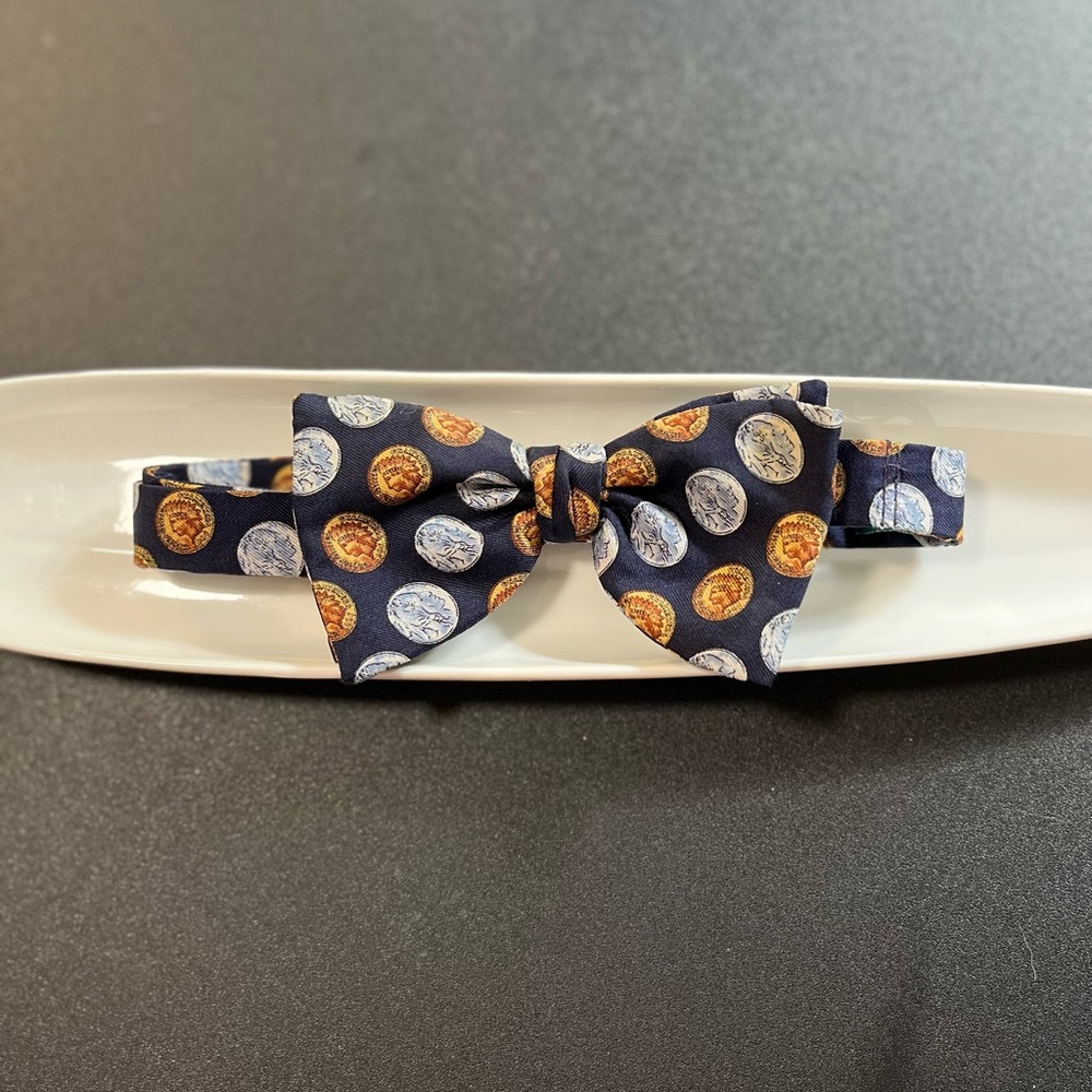 BeauTie LTD Vermont Bow Tie, Silver and Gold Coin. Adjustable. 100% Silk.